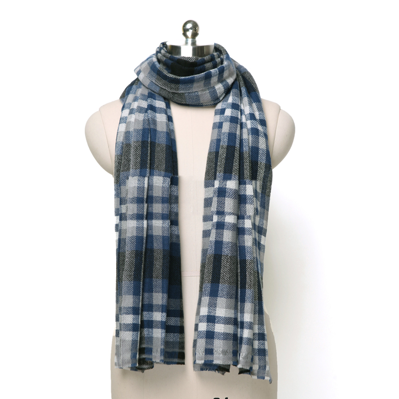 Pure Cashmere Scarves Blue Plaid Fashional Winter Scarf